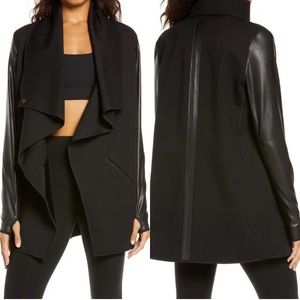 Spanx Womens Black Faux Leather Drape Front Thumbholes Convertible Jacket Large